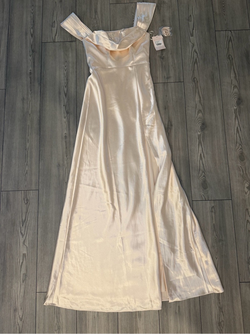 Birdy Grey Satin Off-Shoulder Maxi Dress in Blush Ivory Size XS
